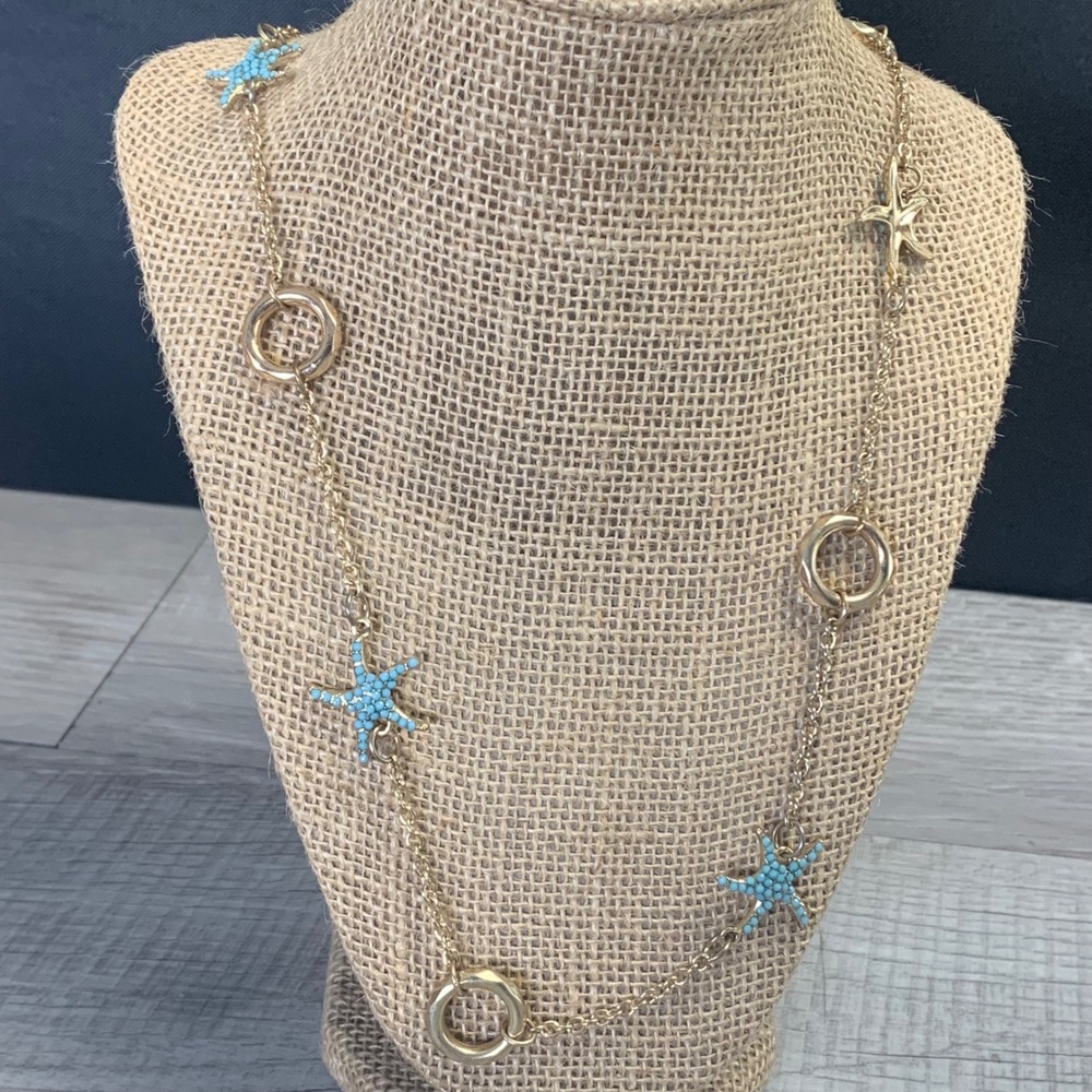 Chicos Gold Tone Turquoise Beaded Starfish Station Long Necklace 36 Inch